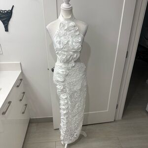 Mew Mews Floral High-Neck Maxi Dress Lace Hem Open Back Sleeveless